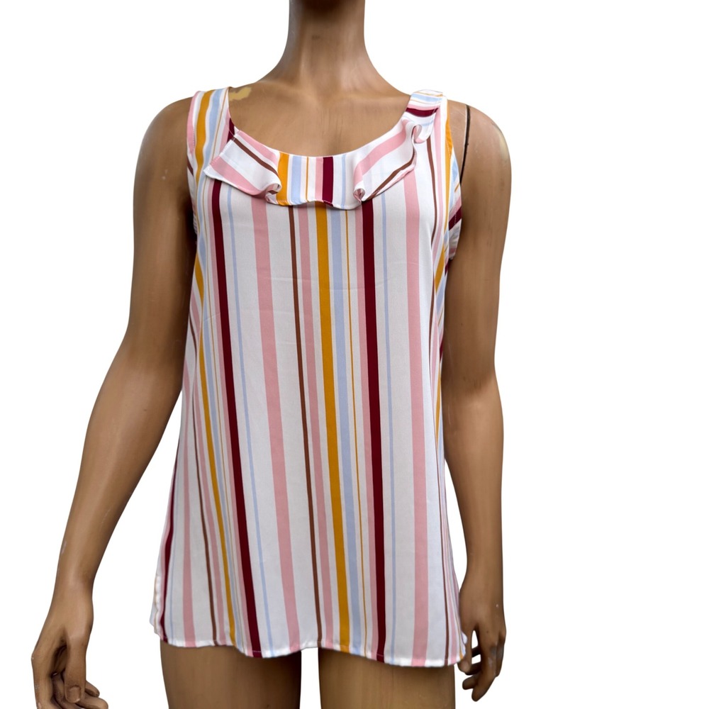 RW&CO‎ Striped Ruffle Neck Tank Top Pastel Coastal Preppy Sleeveless Medium